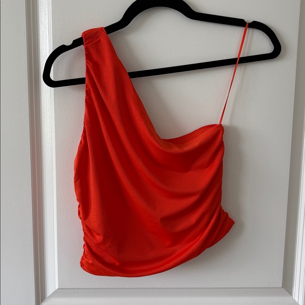 Mango Vibrant Orange Ruched One Shoulder Top